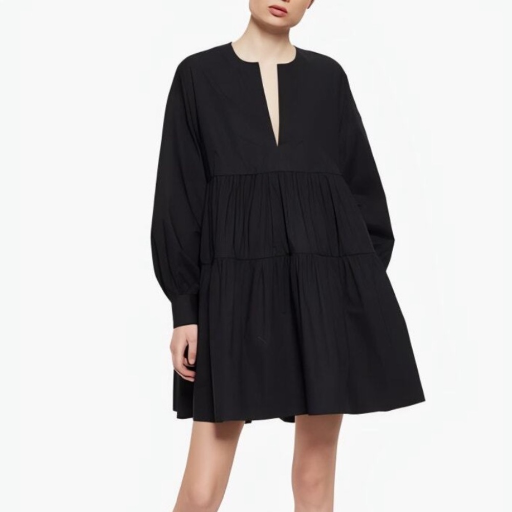 Anine Bing Addison Swing Mini Dress Black V-Neck Tiered Long Sleeve Size Large